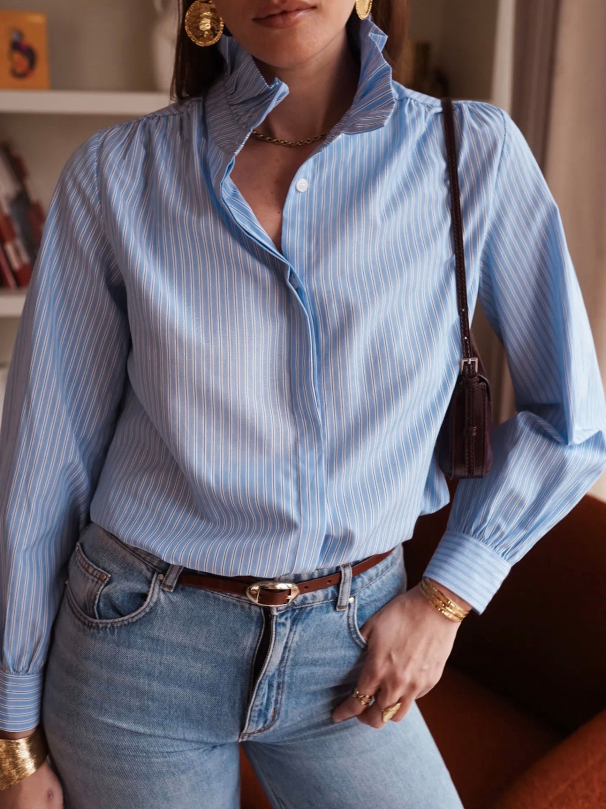 In April 1986 | Women's Blue & White Pinstripe Cotton Shirt with Ruffle Collar