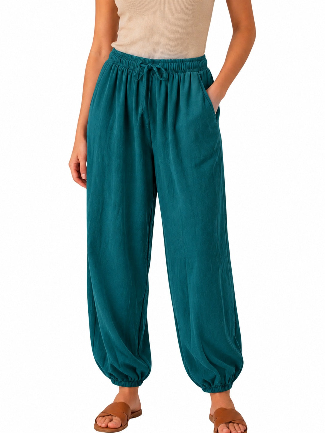 Teal Fine Cord Jogger Trousers with Elasticated Waist