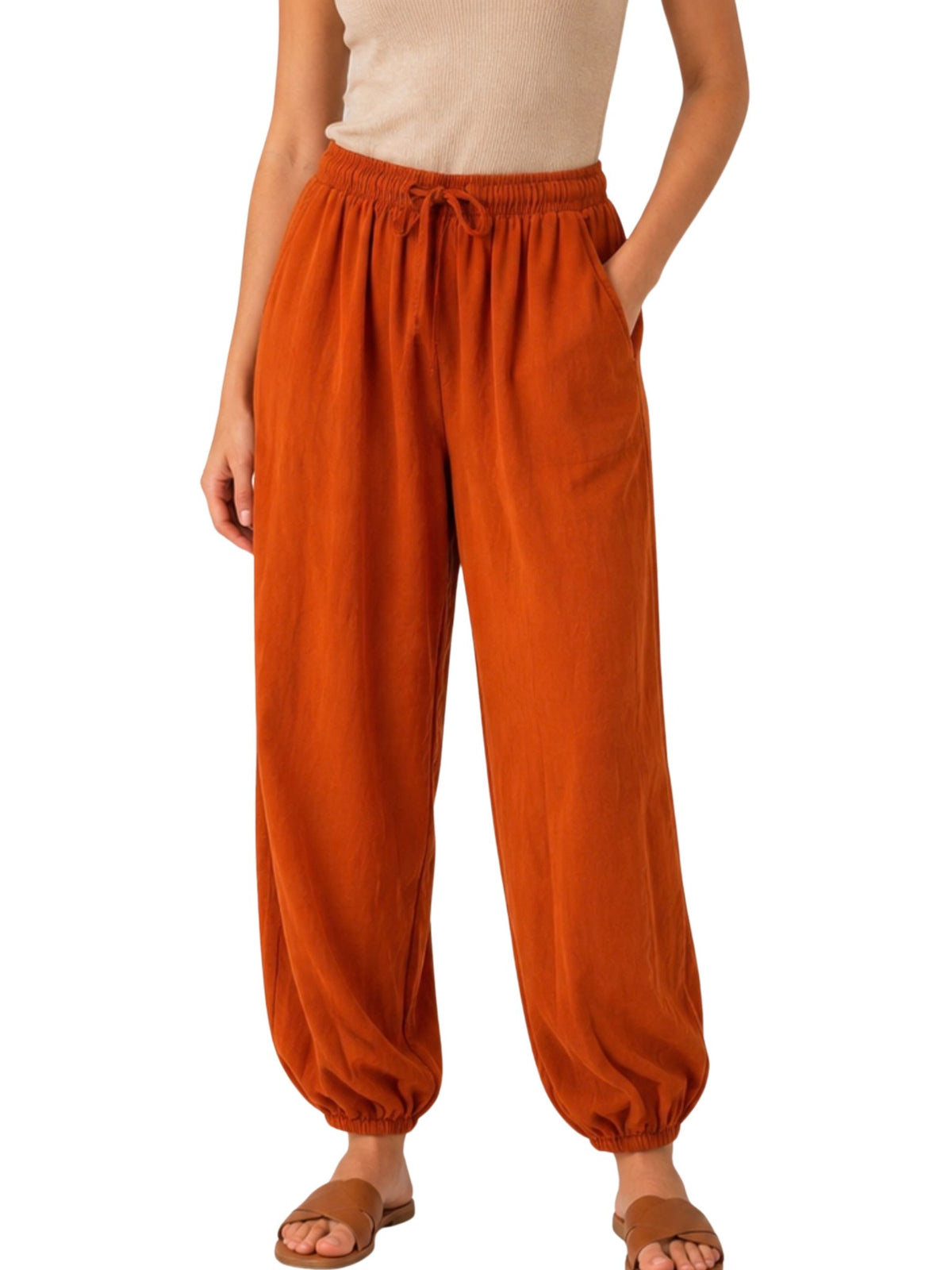 Terracotta Fine Cord Jogger Trousers with Elasticated Waist