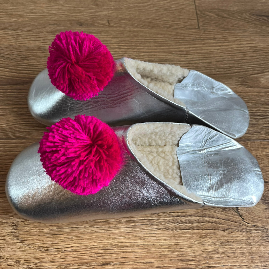 TORIA LEE | Moroccan Fur Lined Silver Leather Pink Pom Pom Slippers