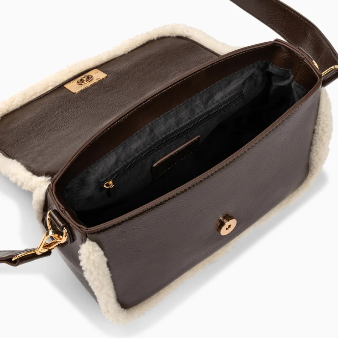 VANESSA WU | Bertina Brown Faux Shearling Crossbody Flap Bag