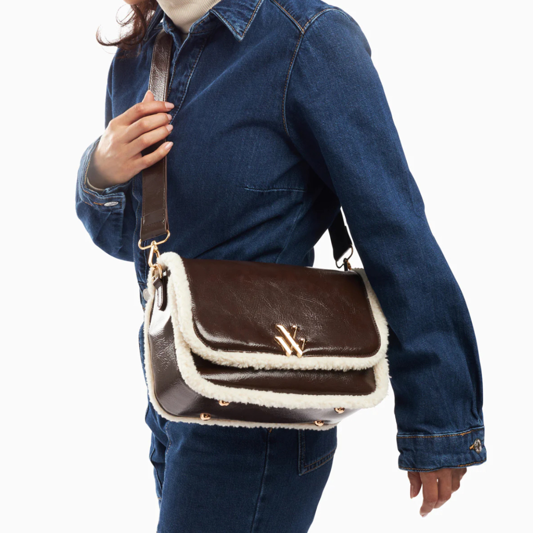 Bertina Brown Faux Shearling Crossbody Flap Bag
