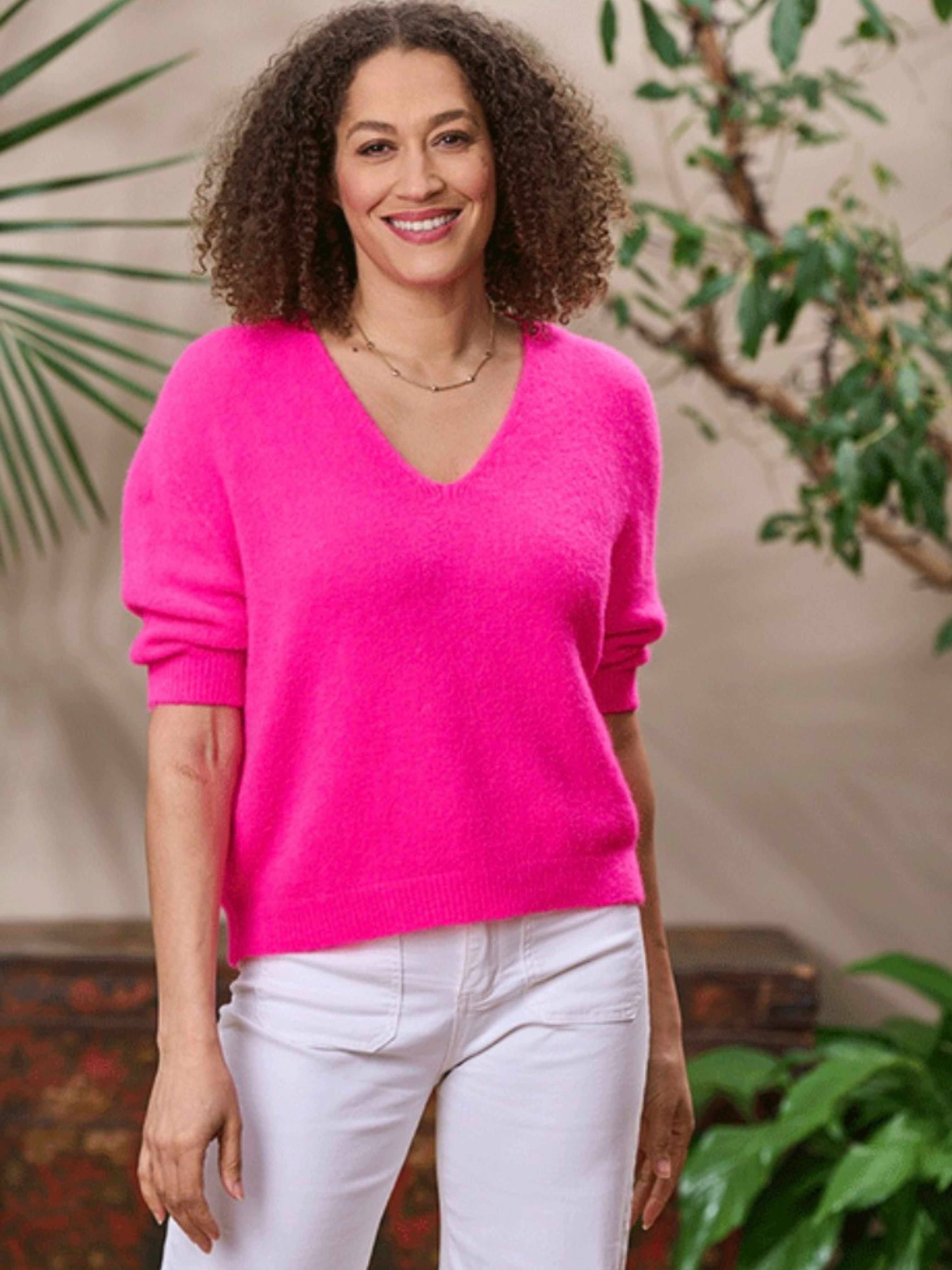 Valentina Short Sleeve V-Neck Alpaca Knit Jumper Fluorescent Pink