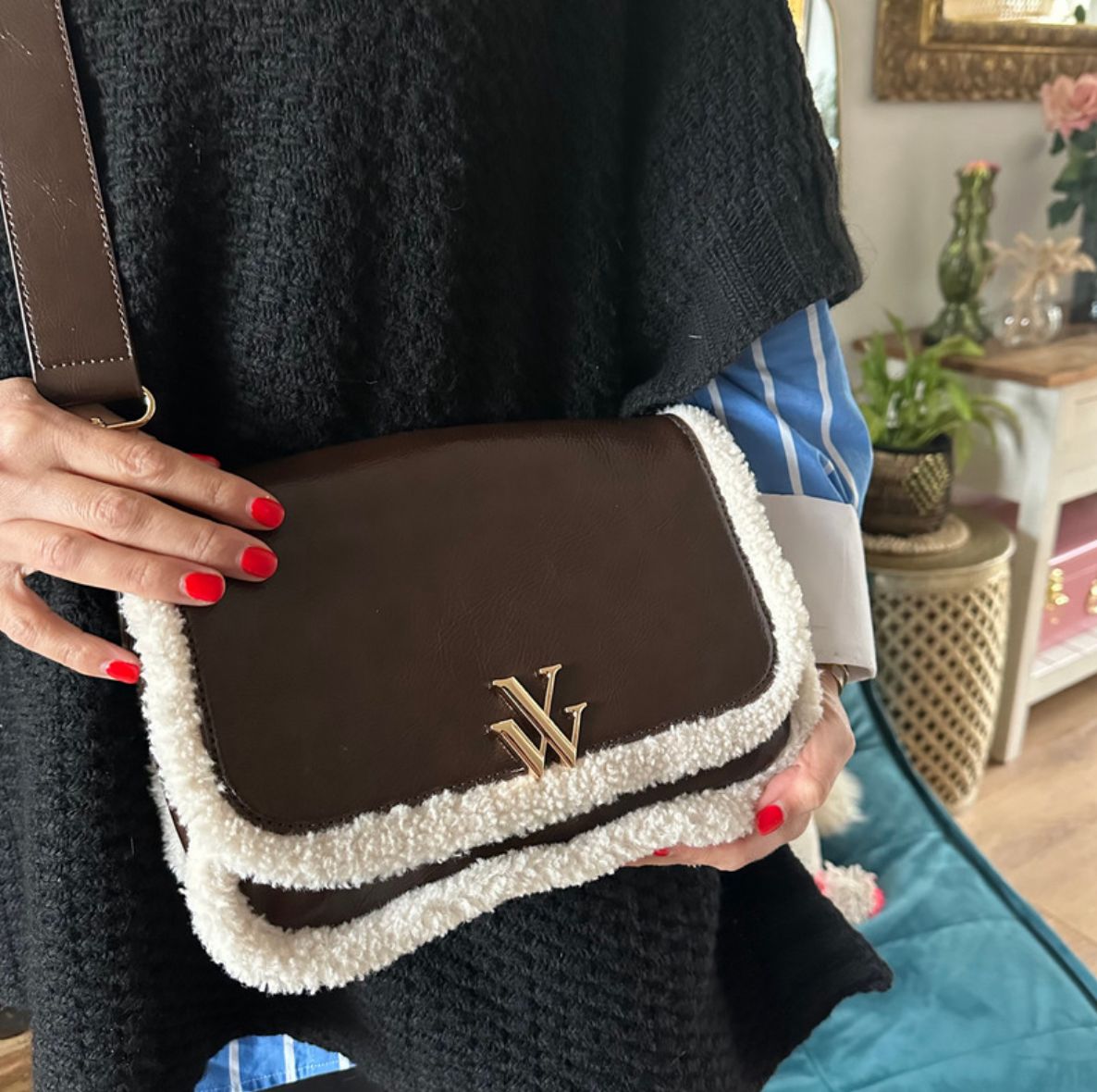 VANESSA WU | Bertina Brown Faux Shearling Crossbody Flap Bag