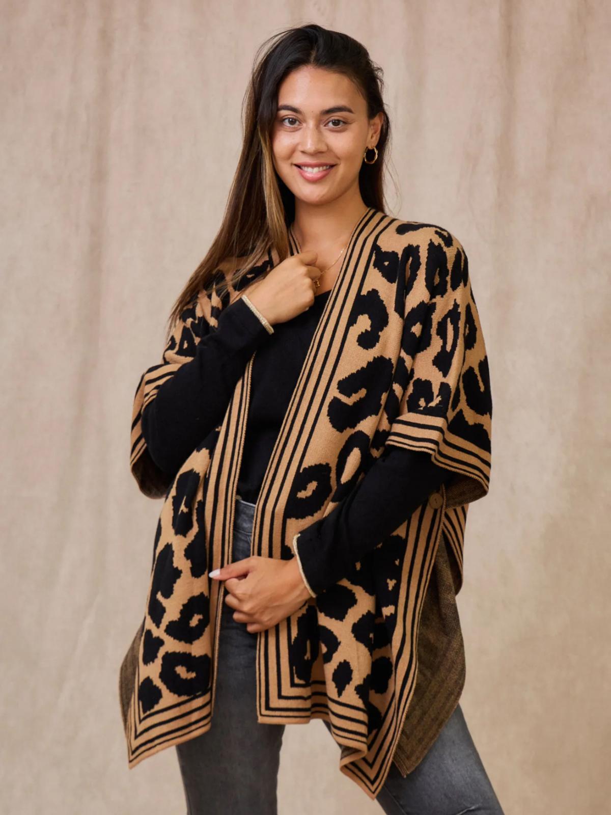 Camel Leopard Soft Knitted Poncho