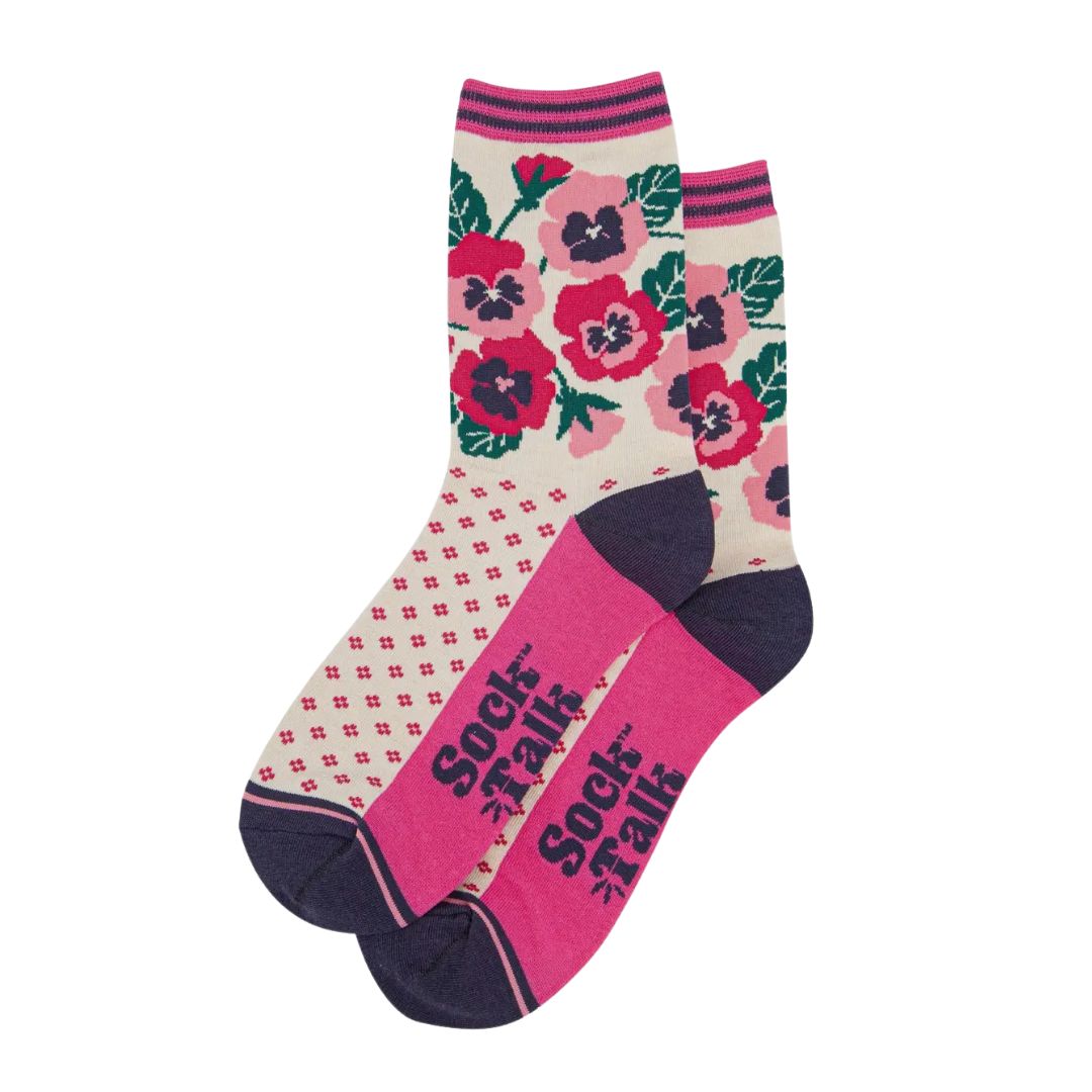 Women's Bamboo Socks Cream Pink Pansies