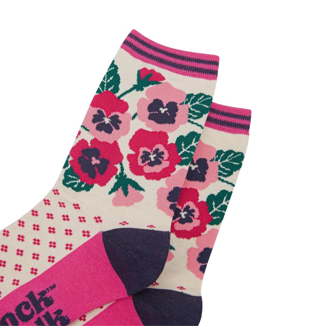Women's Bamboo Socks Cream Pink Pansies Sock Talk