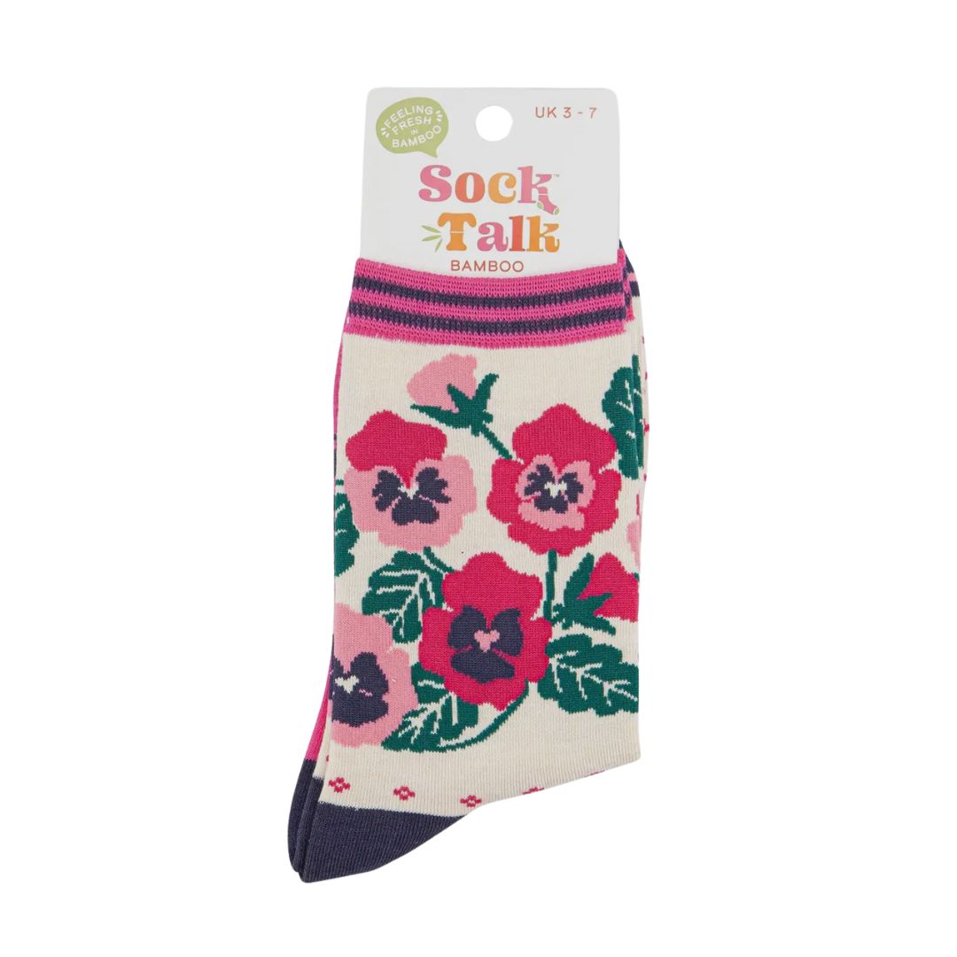 Sock Talk Women's Bamboo Socks Cream Pink Pansies
