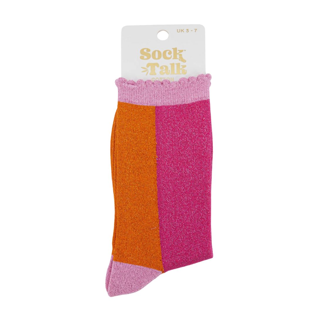 Cotton Glitter Socks Colour Block in Pink & Orange