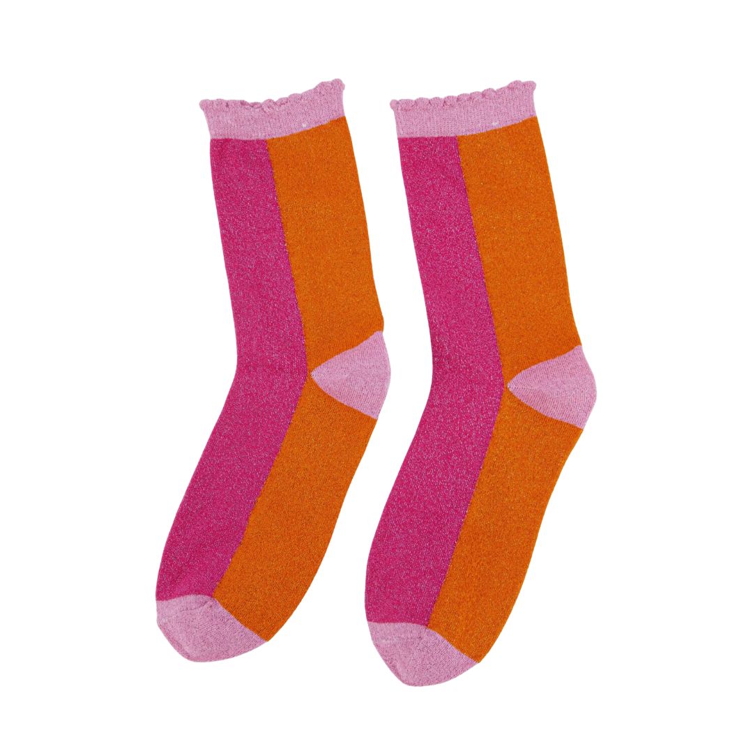 Sock Talk Women's Cotton Glitter Socks Colour Block in Pink & Orange