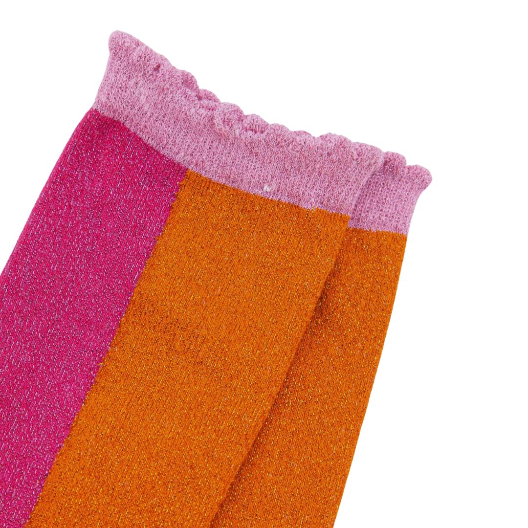 Women's Cotton Glitter Socks Colour Block in Pink & Orange Sock Talk