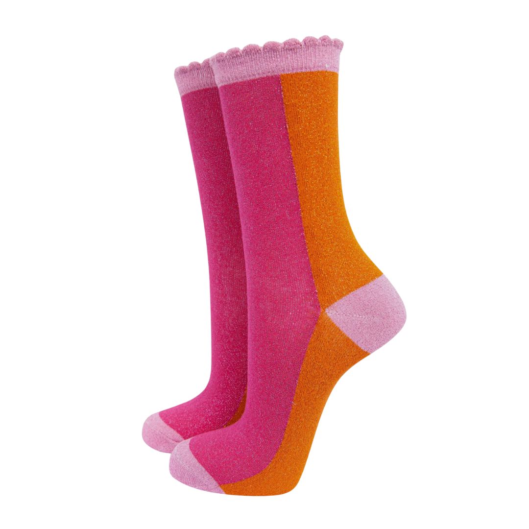 Women's Cotton Glitter Socks Colour Block in Pink & Orange