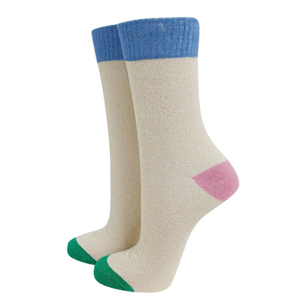Women's Glitter Socks Cream Denim Blue Colour Burst