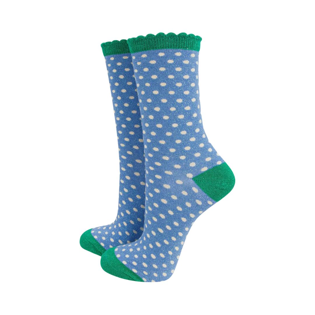 Women's Glitter Socks Denim Blue Green Polka Dots