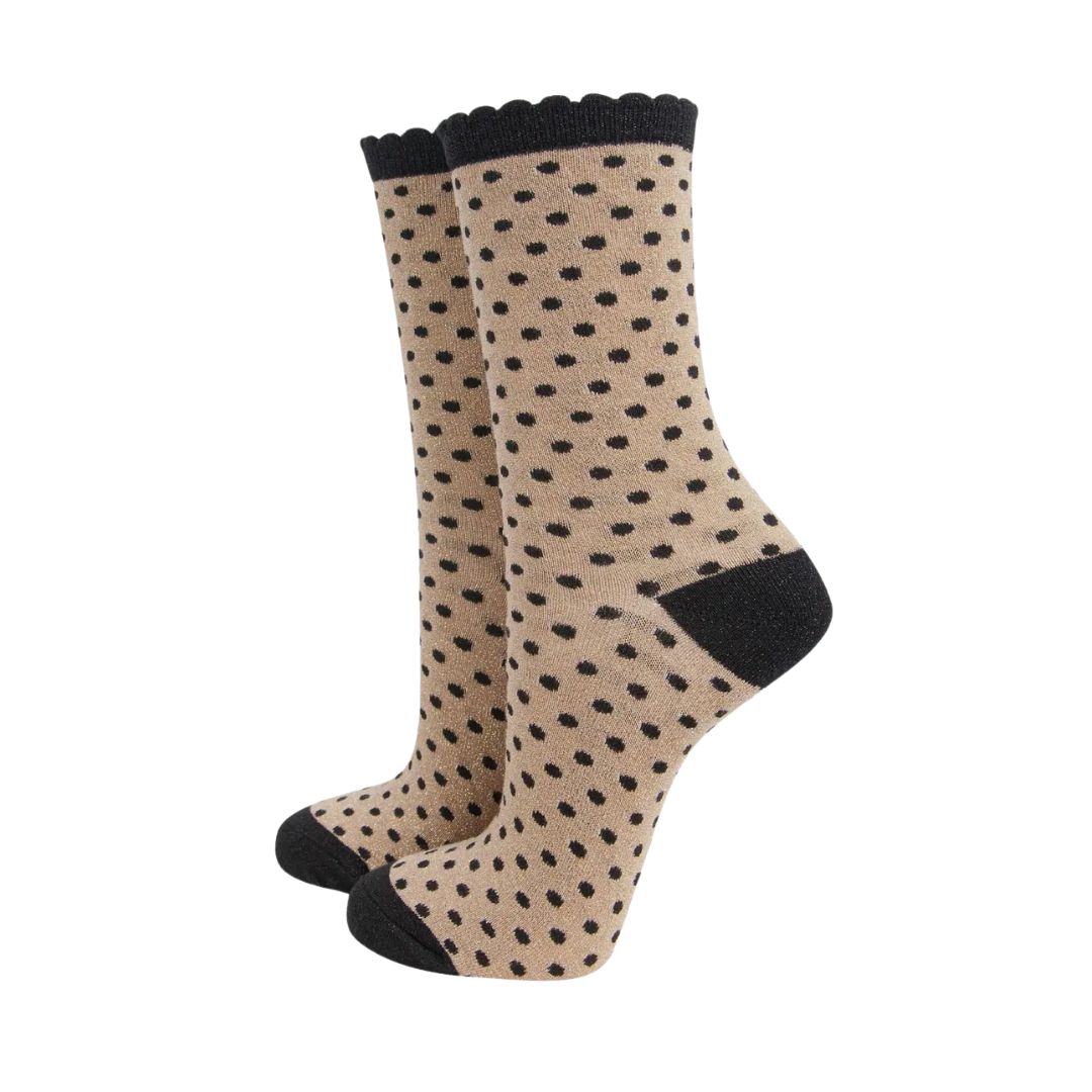 Women's Glitter Socks Gold Black Polka Dots