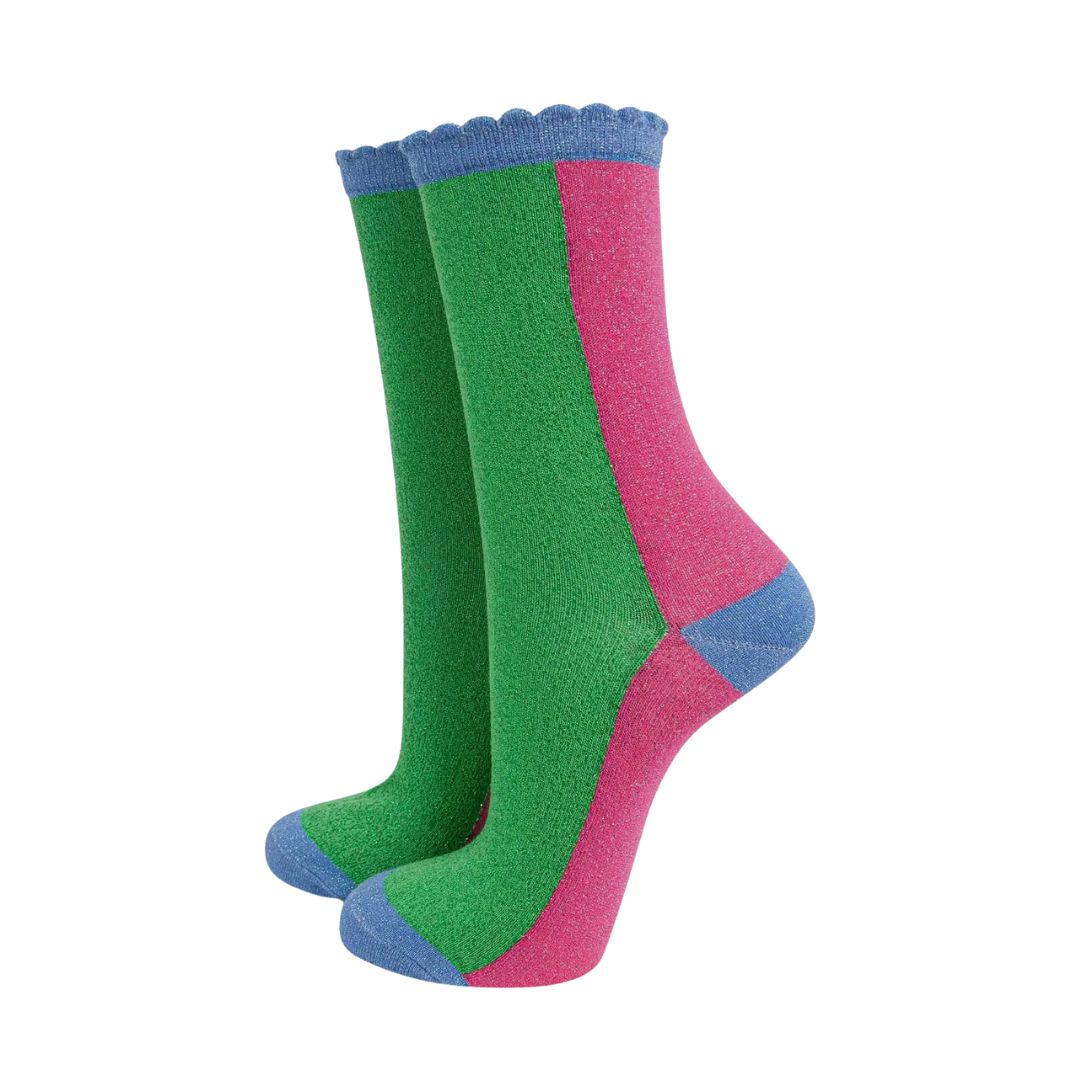 Women's Glitter Socks Green Hot Pink Colour Block