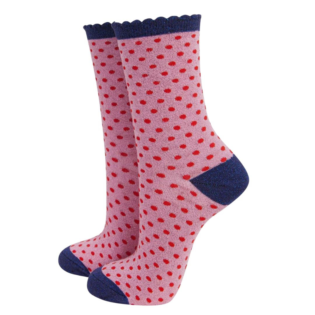 Women's Glitter Socks Pink Red Polka Dots