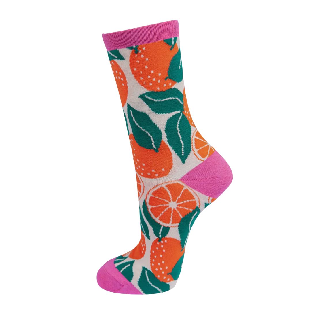 Women's Orange Print Bamboo Socks in Cream Hot Pink