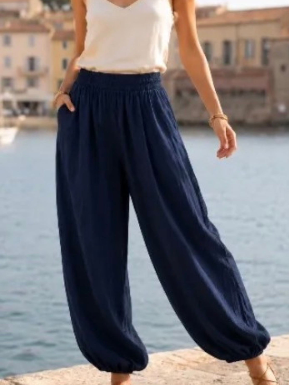 Women's Navy Balloon Trousers with Elasticated Waist
