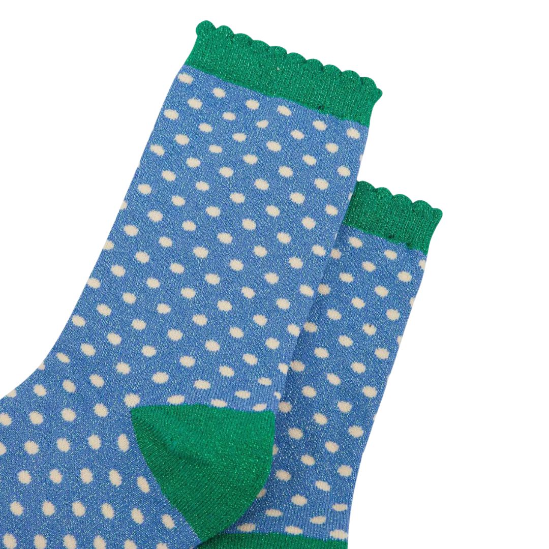 Women's Glitter Socks Denim Blue Green Polka Dots Sock Talk
