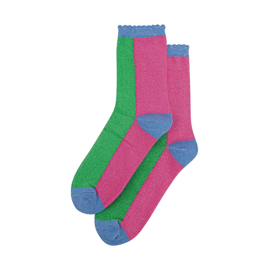 Sock Talk Women's Glitter Socks Green Hot Pink Colour Block