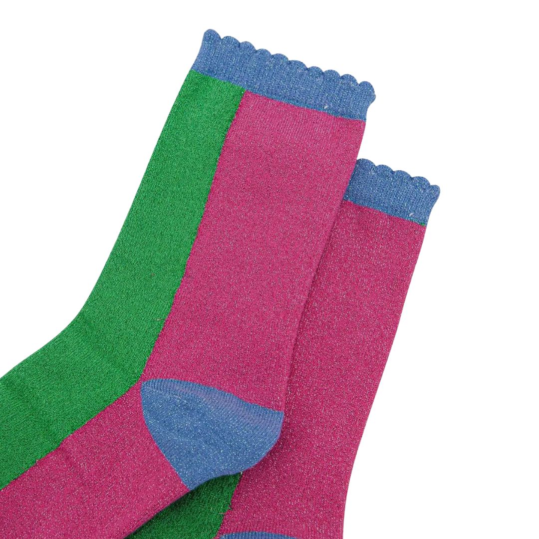 Women's Glitter Socks Green Hot Pink Colour Block Sock Talk