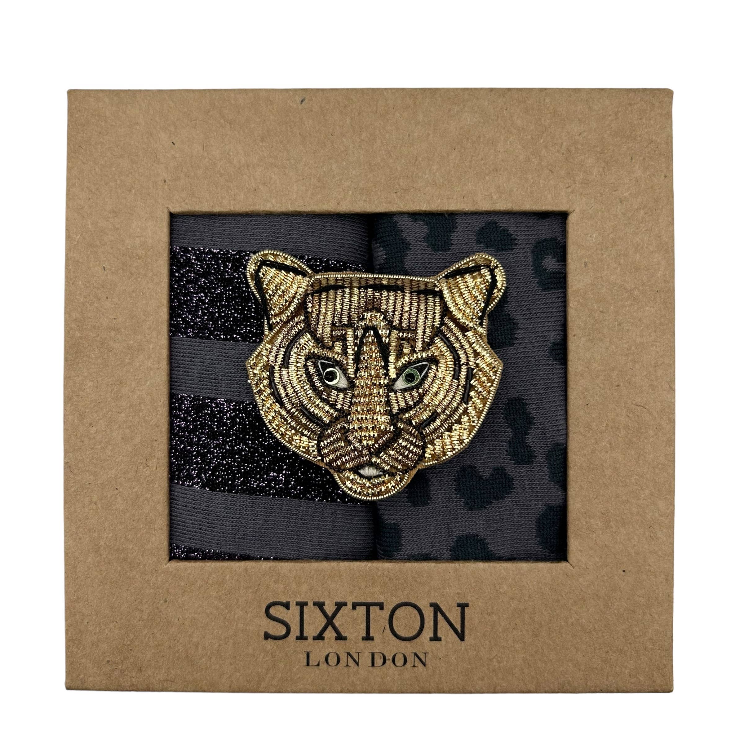 Charcoal Leopard & Berlin Duo Sock Box with Tiger Brooch