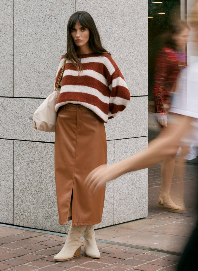 AN'GE | Julina Caramel Vegan Leather Midi Skirt