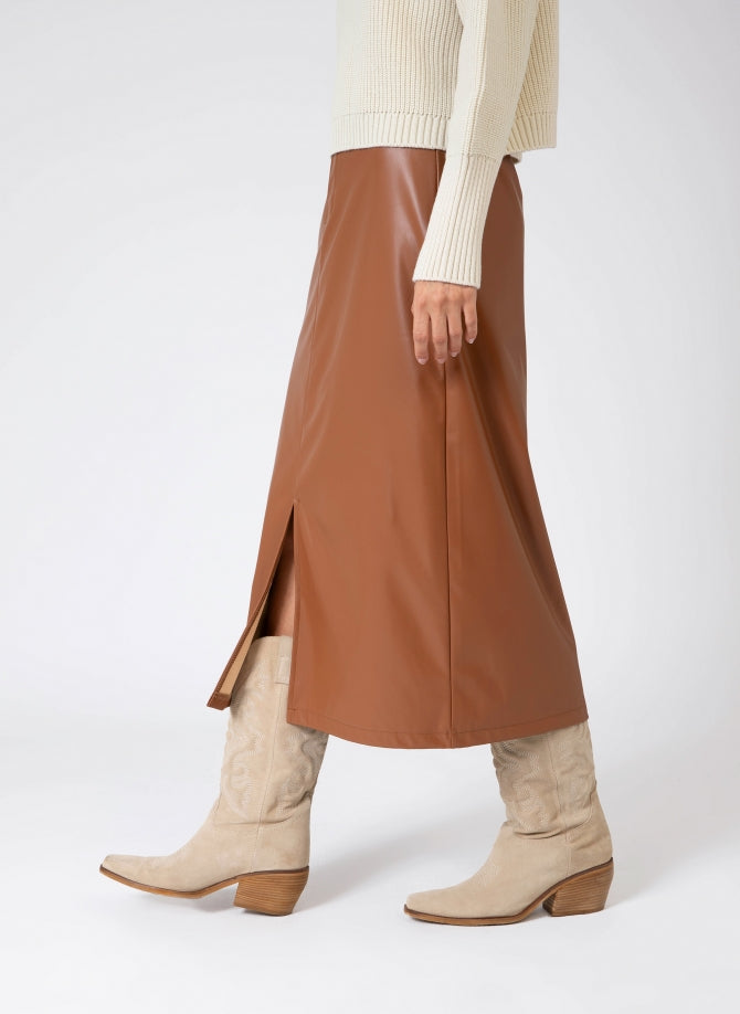 AN'GE | Julina Caramel Vegan Leather Midi Skirt