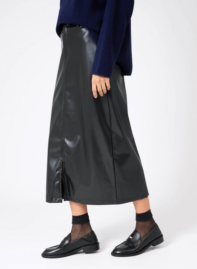 AN'GE | Julina Black Vegan Leather Midi Skirt