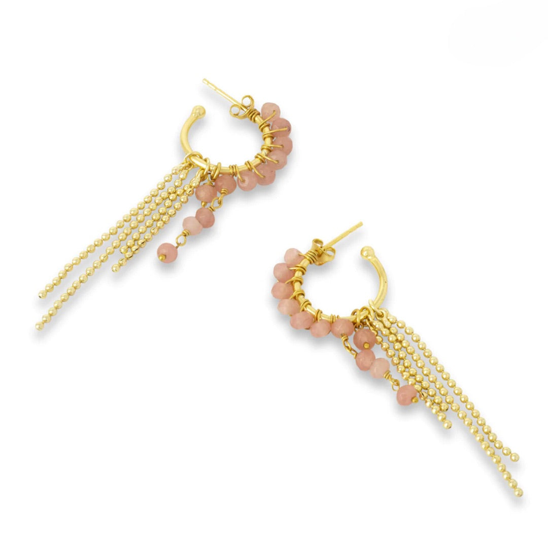 Anette Pink Beaded Hoop Tassel Earrings