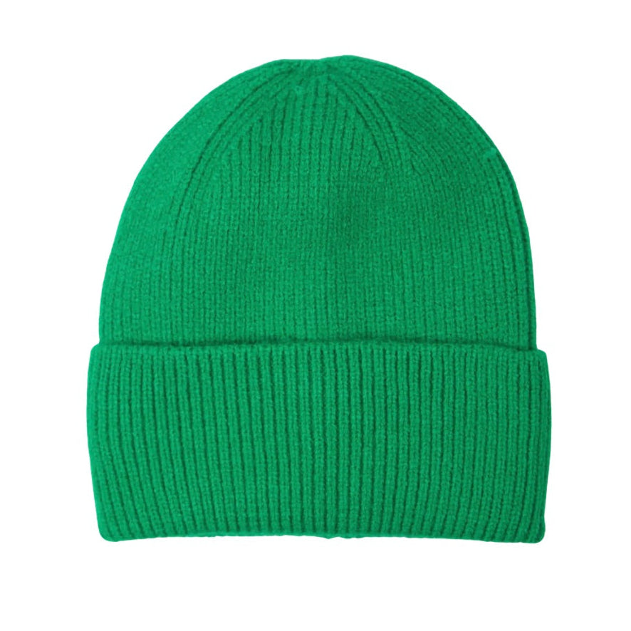 Green knit beanie on a white background