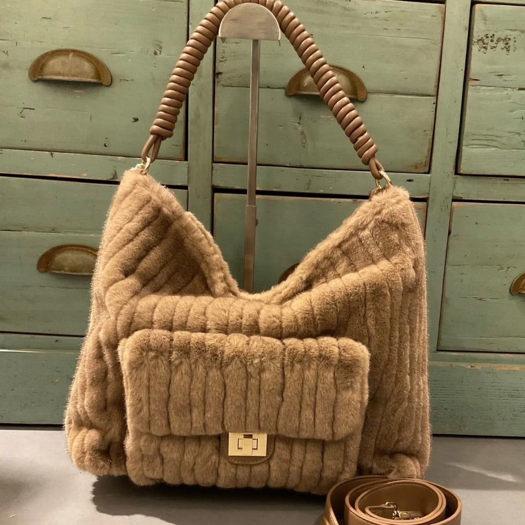 TORIA LEE | Luxury Faux Fur Shoulder Bag / Taupe