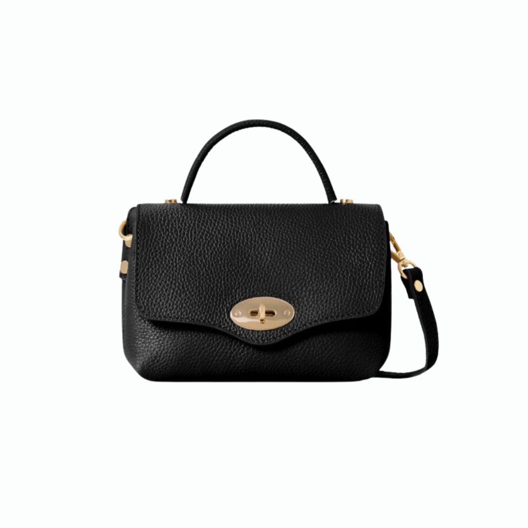 Black Italian Leather Mini Grab Bag with Gold Turn-Lock Clasp