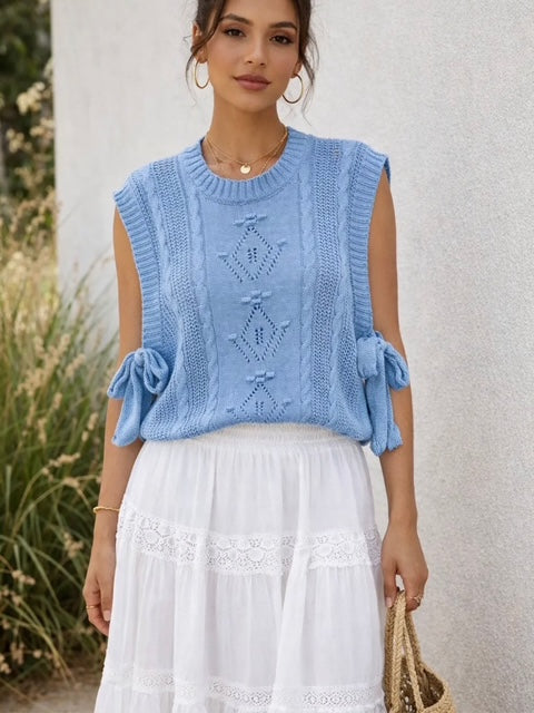 Blue Sleeveless Knit Jumper with Tie Detail
