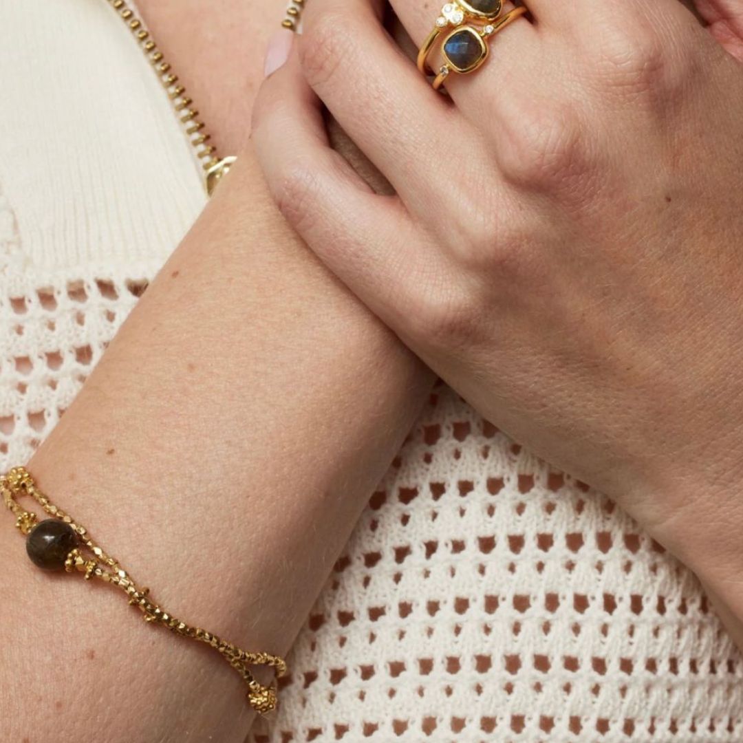 Ashiana Bluebell Gold Beaded & Labradorite Stretch Bracelet Set