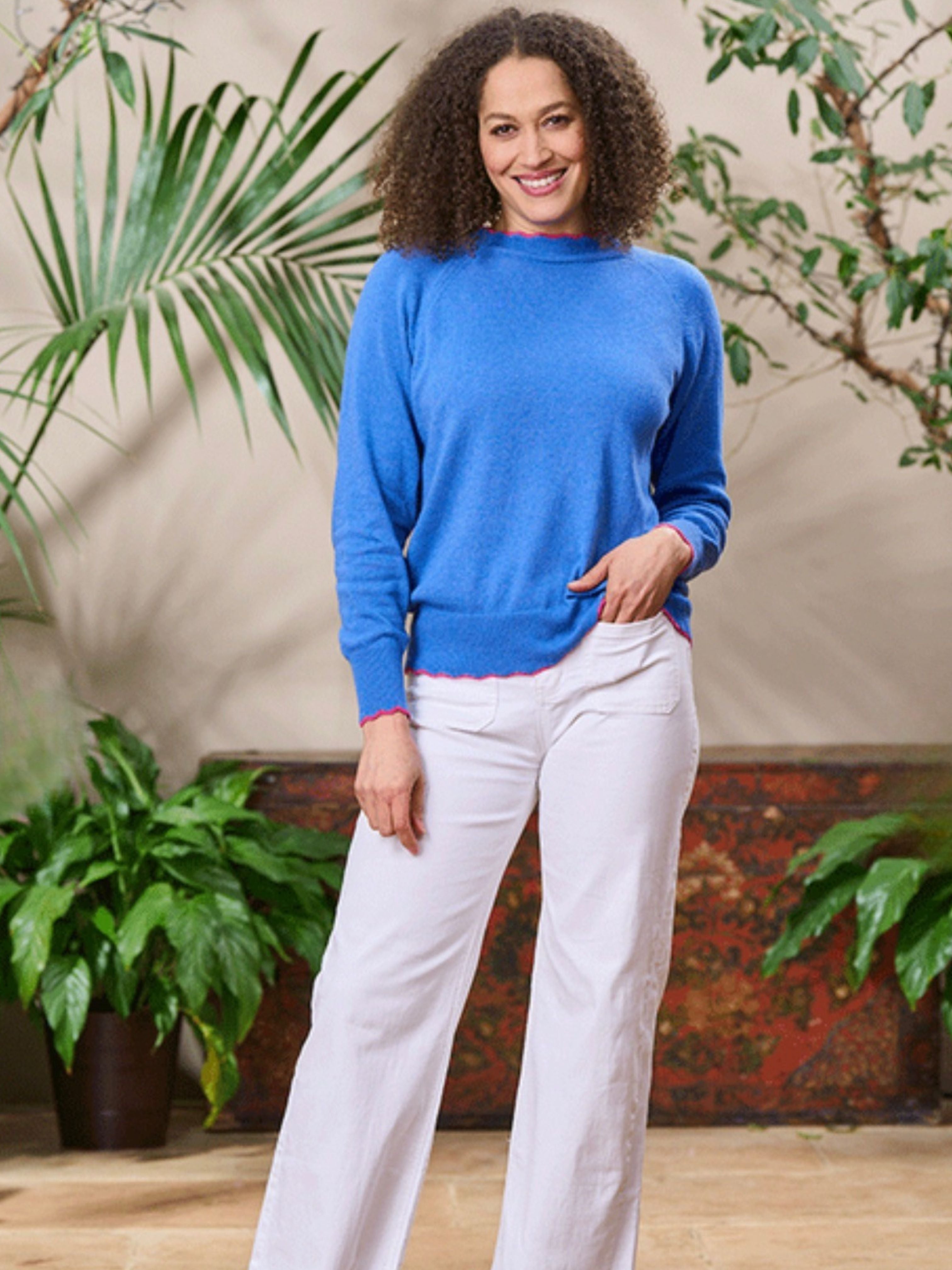 Bude Cashmere Jumper Scalloped Trim Blue Pink