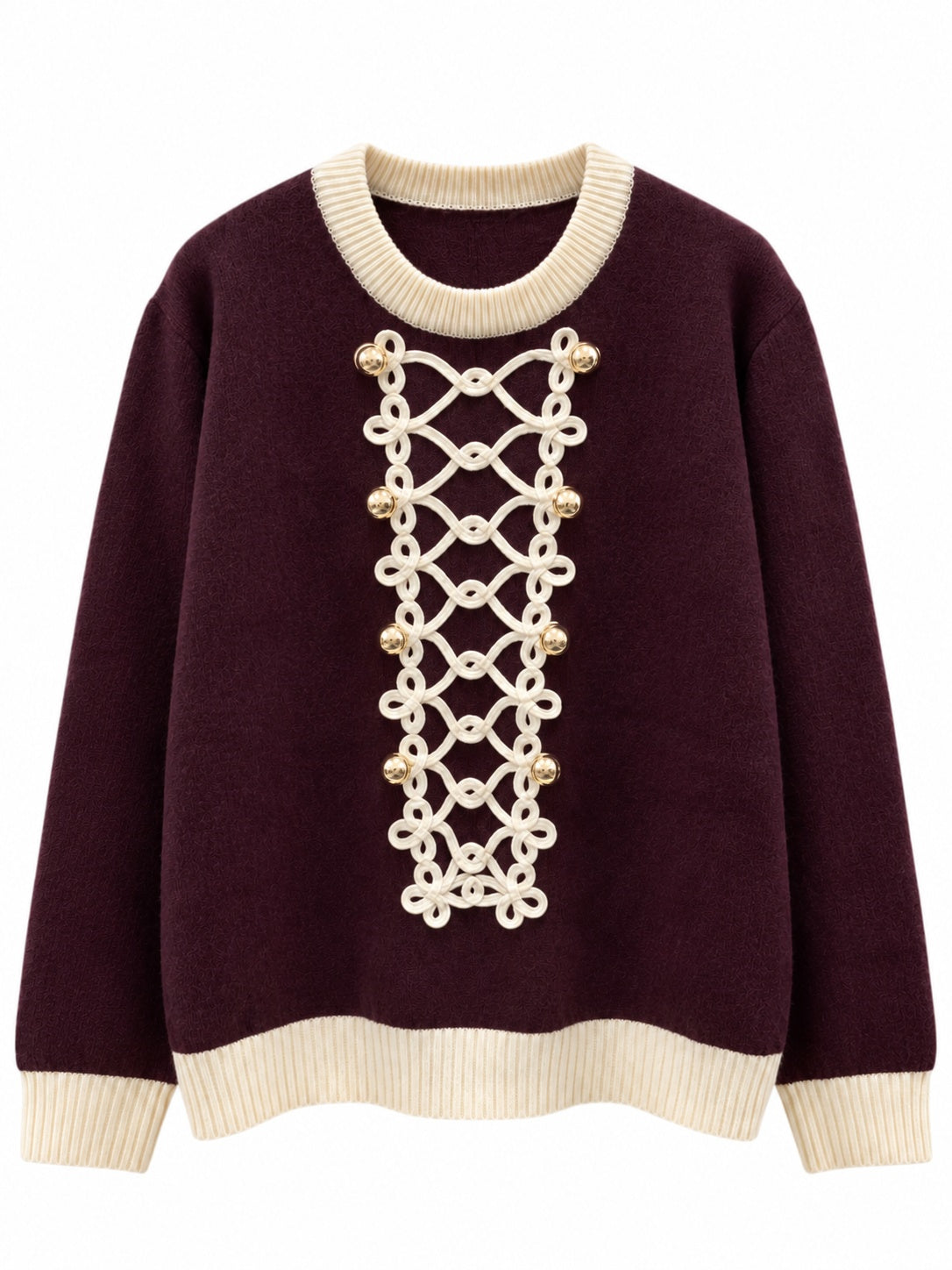 Women's Burgundy Military Style Jumper with Gold Button Detail & Cream Trim