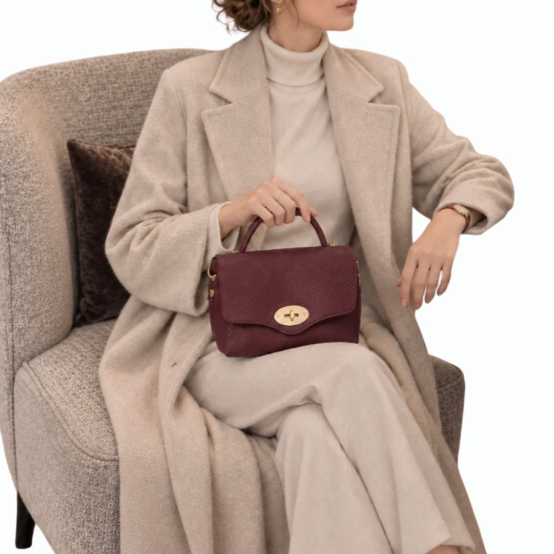 TORIA LEE | Burgandy Italian Leather Mini Grab Bag with Gold Turn-Lock Clasp