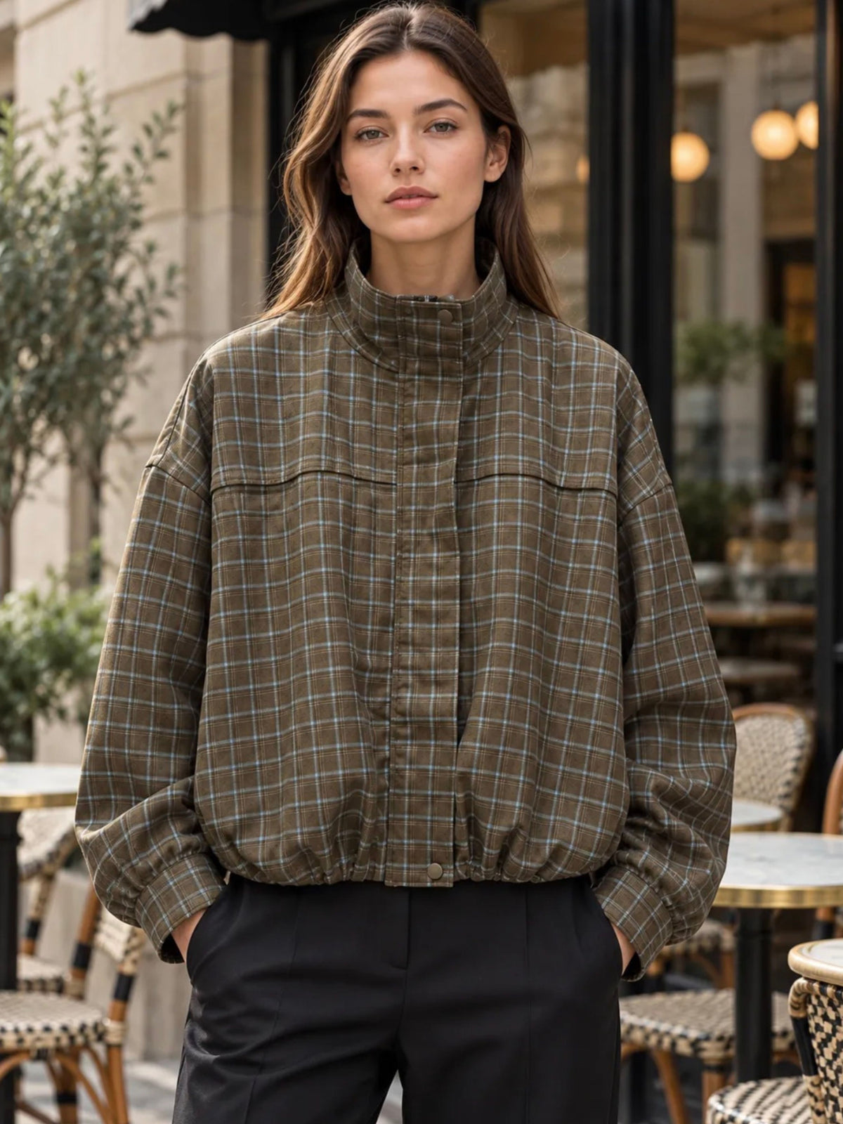 Taupe Check Balloon Jacket
