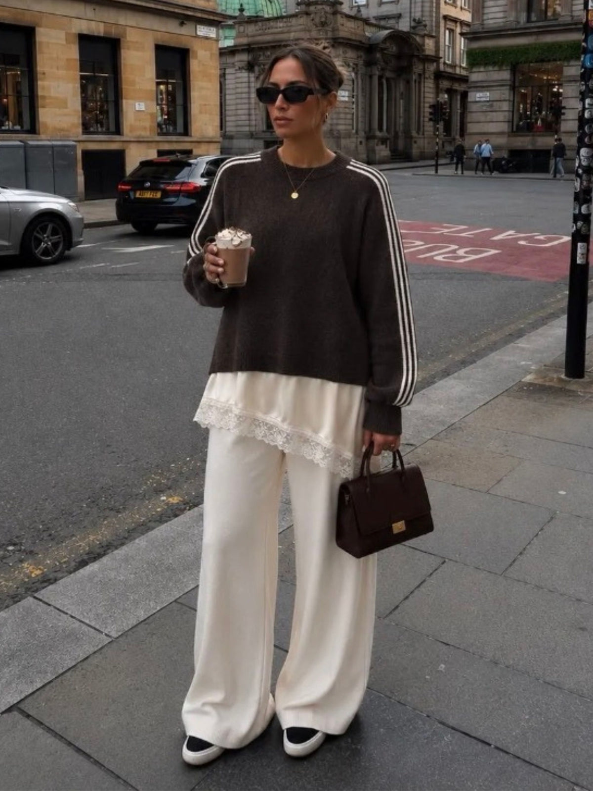 Chocolate Brown Stripe Jumper with Ivory Satin Lace Trim