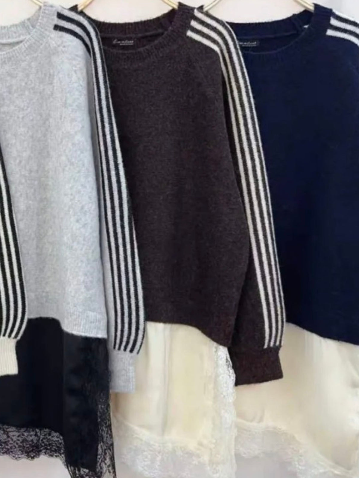 Brown Stripe Jumper with Ivory Satin Lace Trim