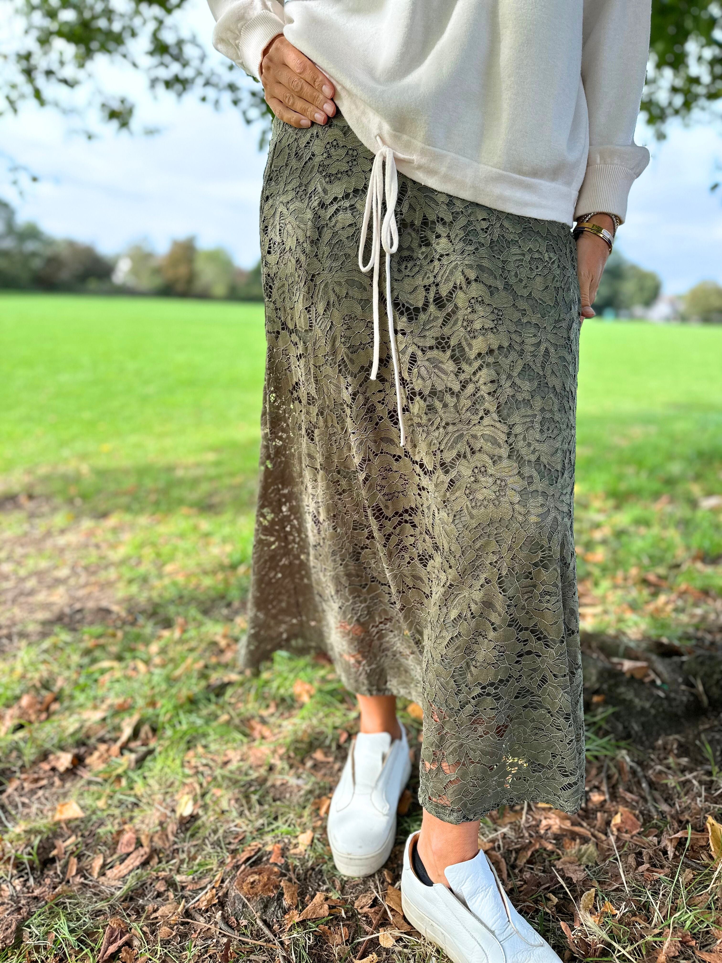 olivia khaki lace knit skirt