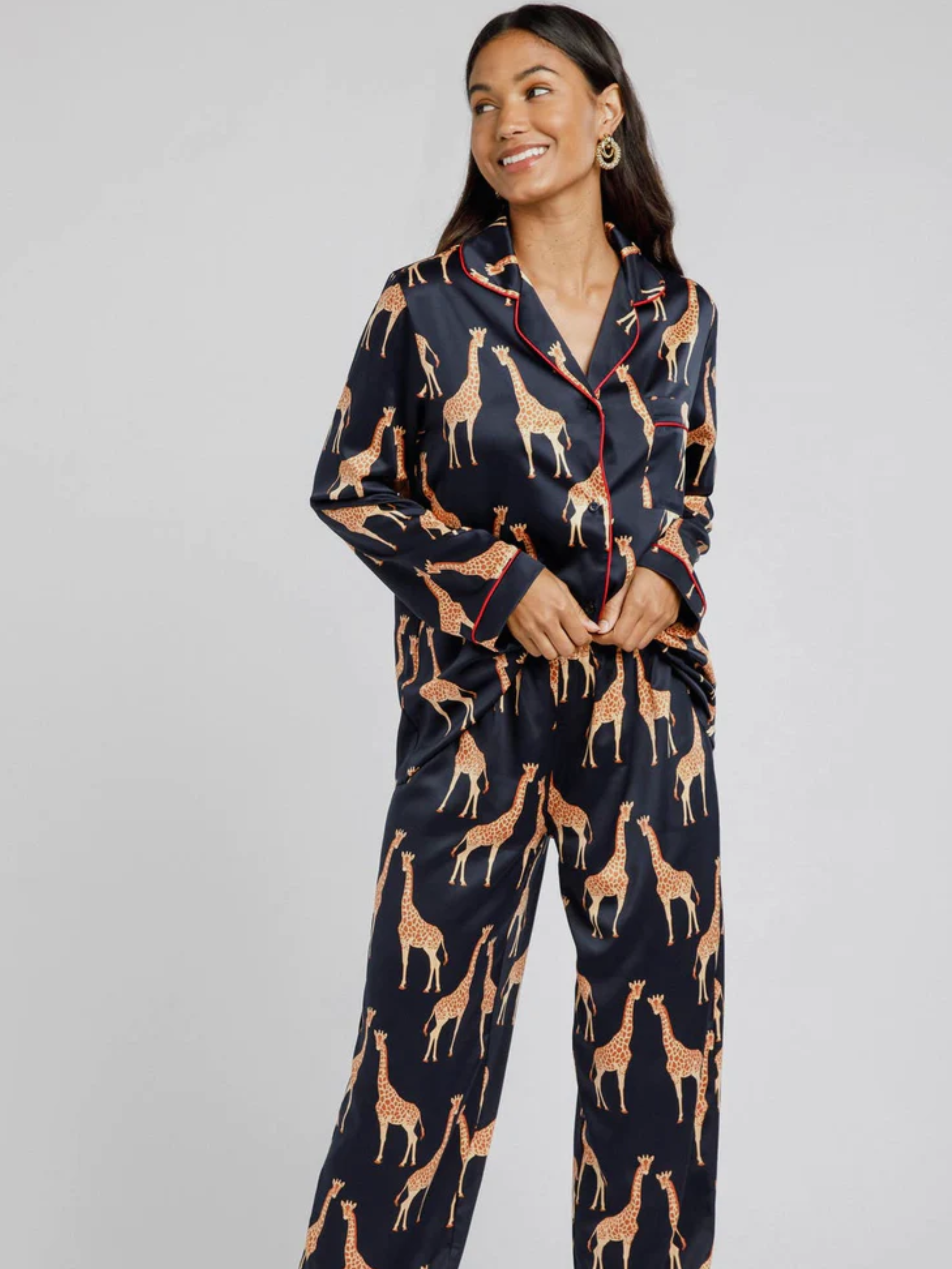 Satin Navy Zebra Print Long Pyjama Set