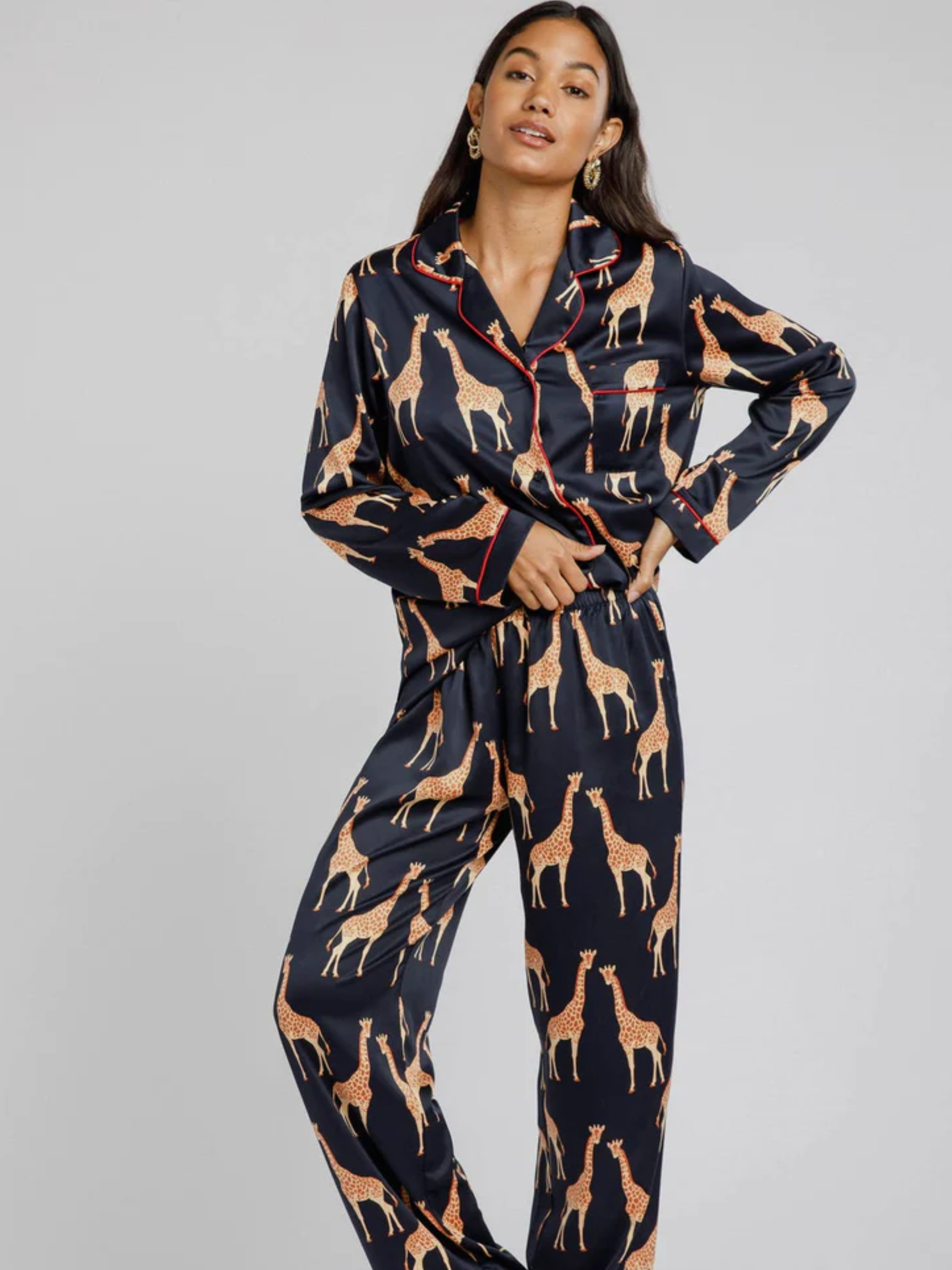Satin Navy Zebra Print Long Pyjama 