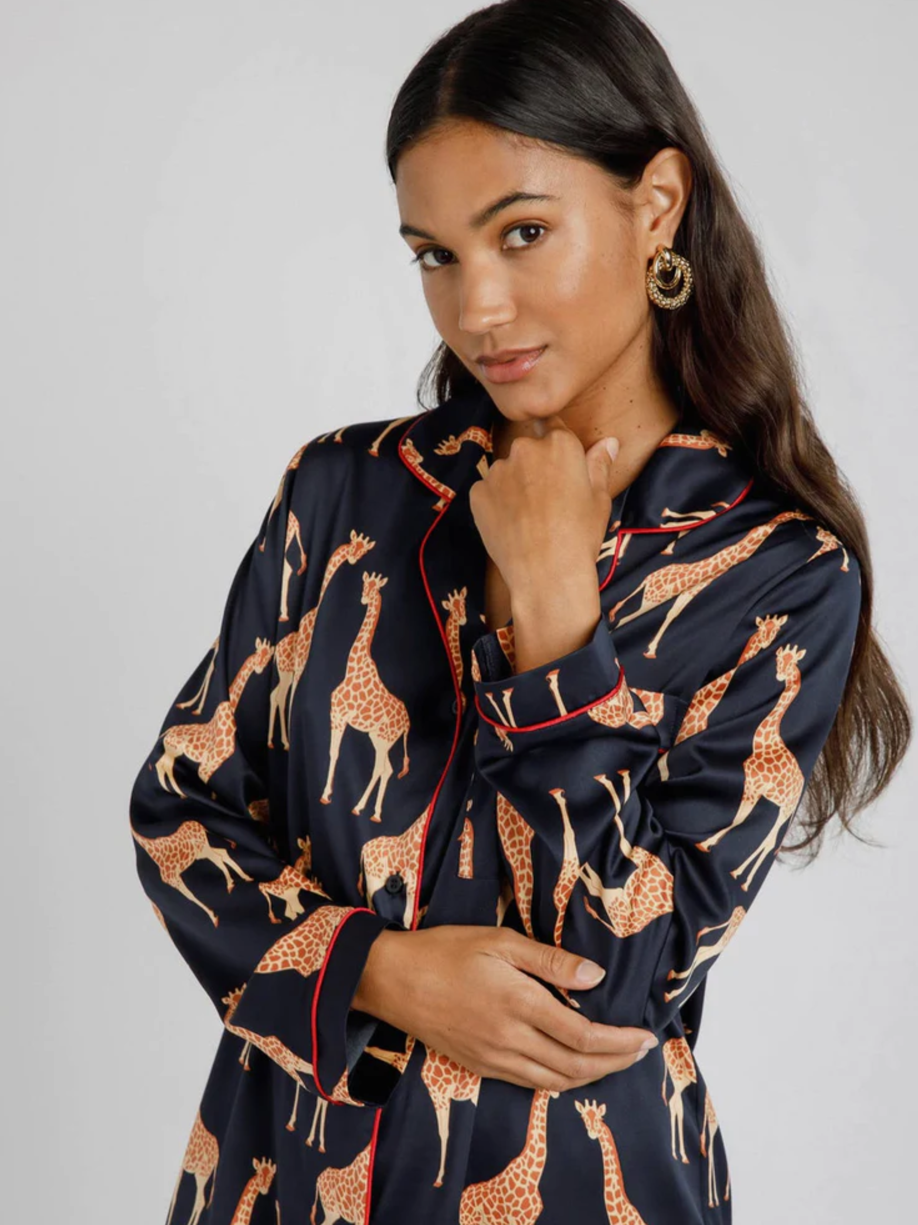 Satin Navy Zebra Print Long Pyjama Set close up