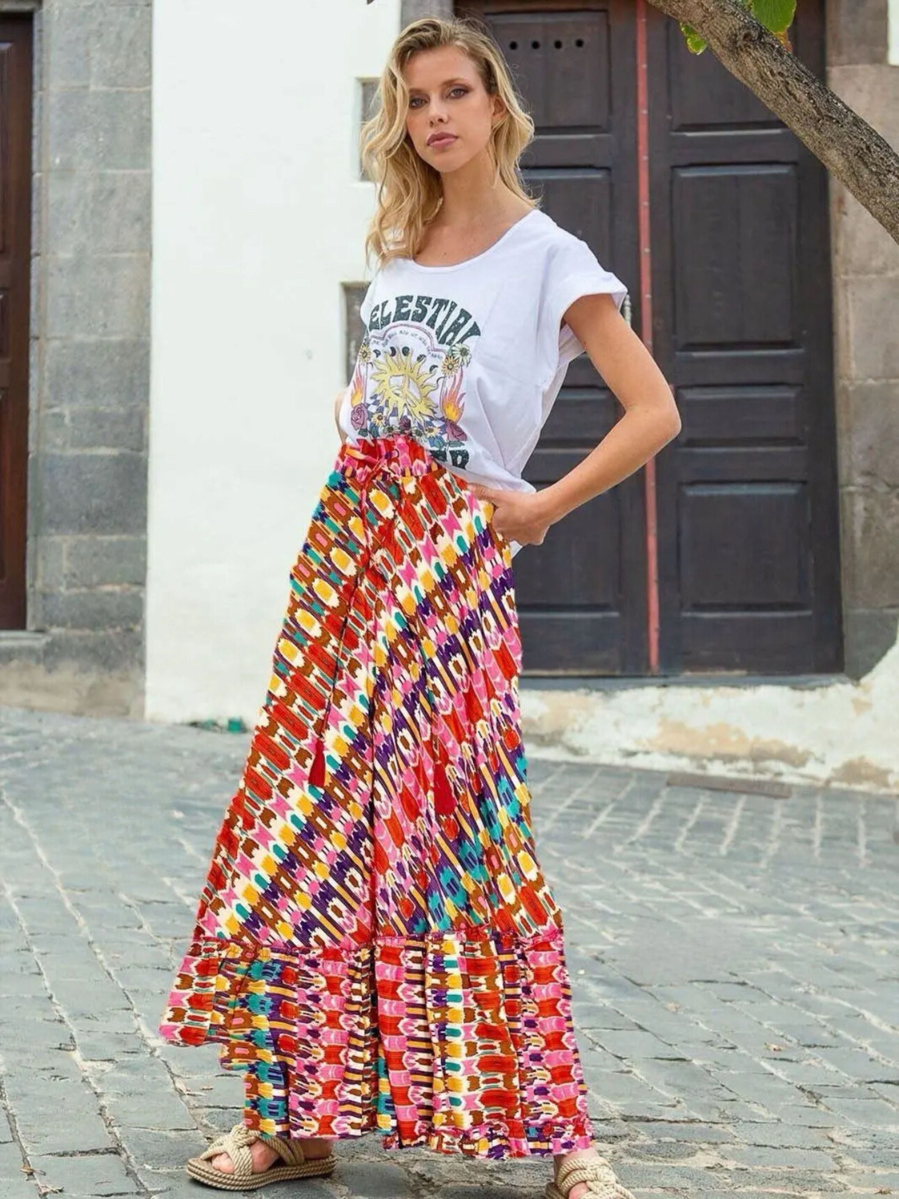 Silk Touch Terracotta Print Tiered Maxi Skirt