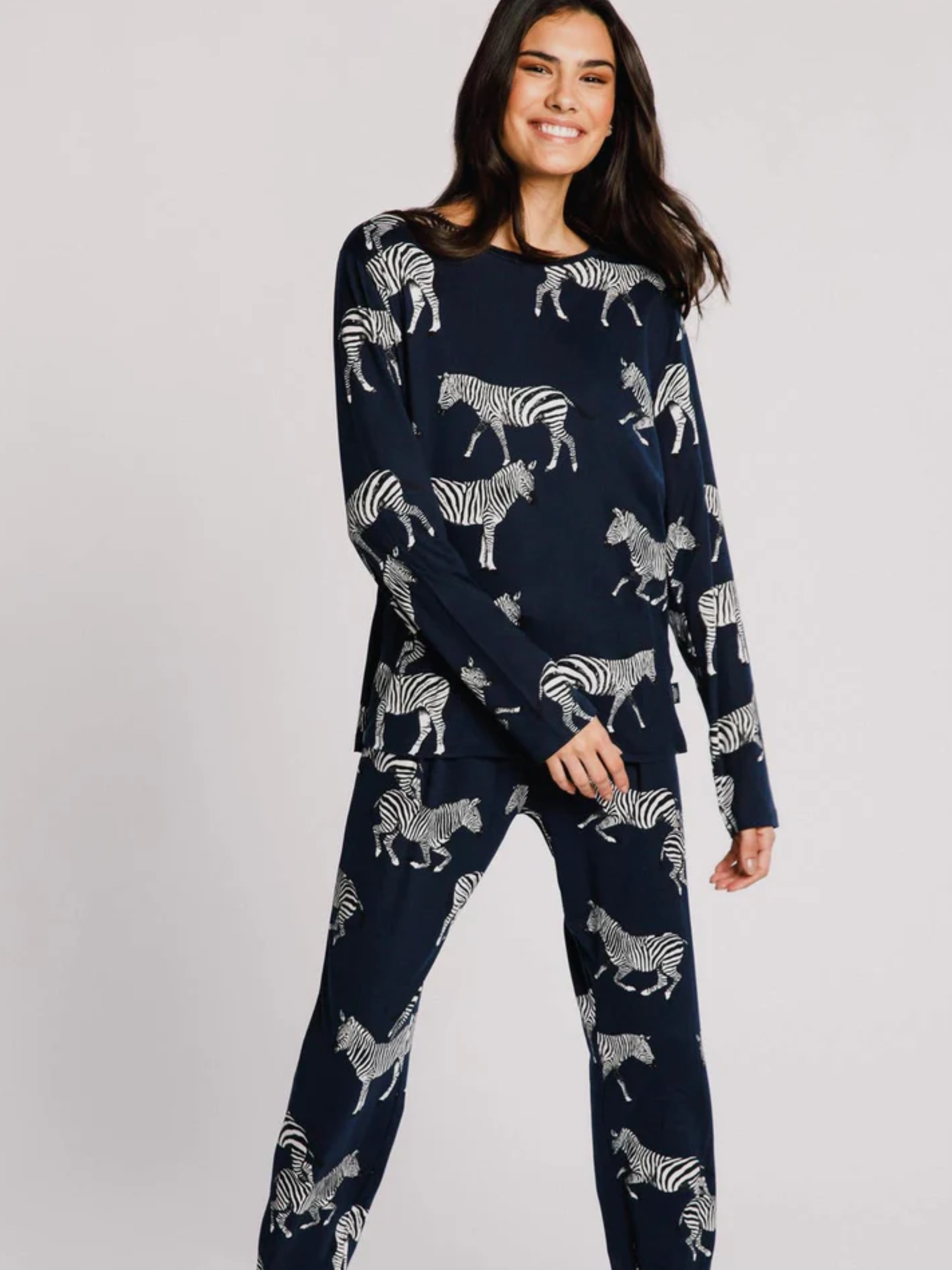 Navy Zebra Print Crewneck Long Pyjama Set