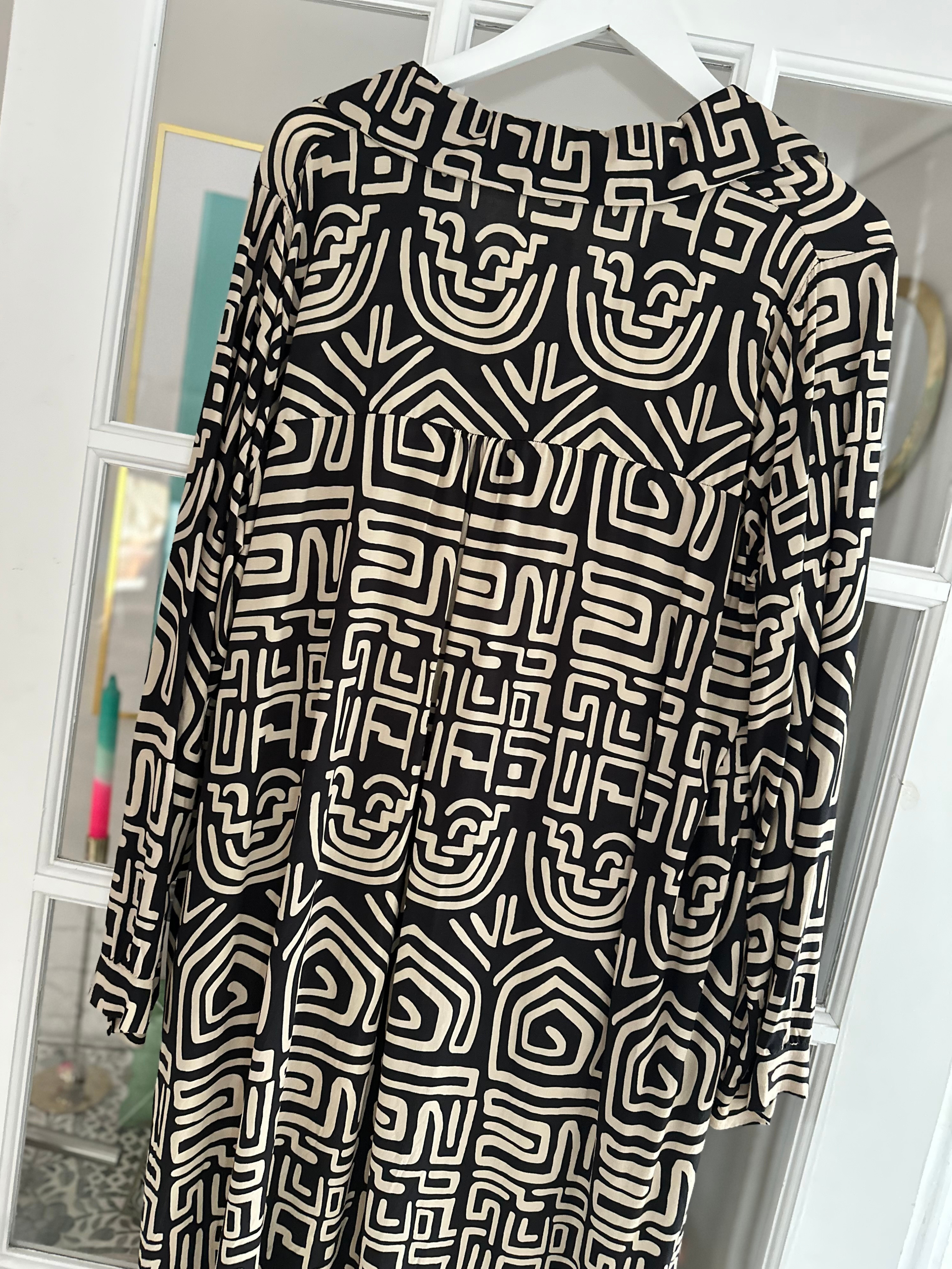 Aztec Print Black and Cream Midi Shirt Dress