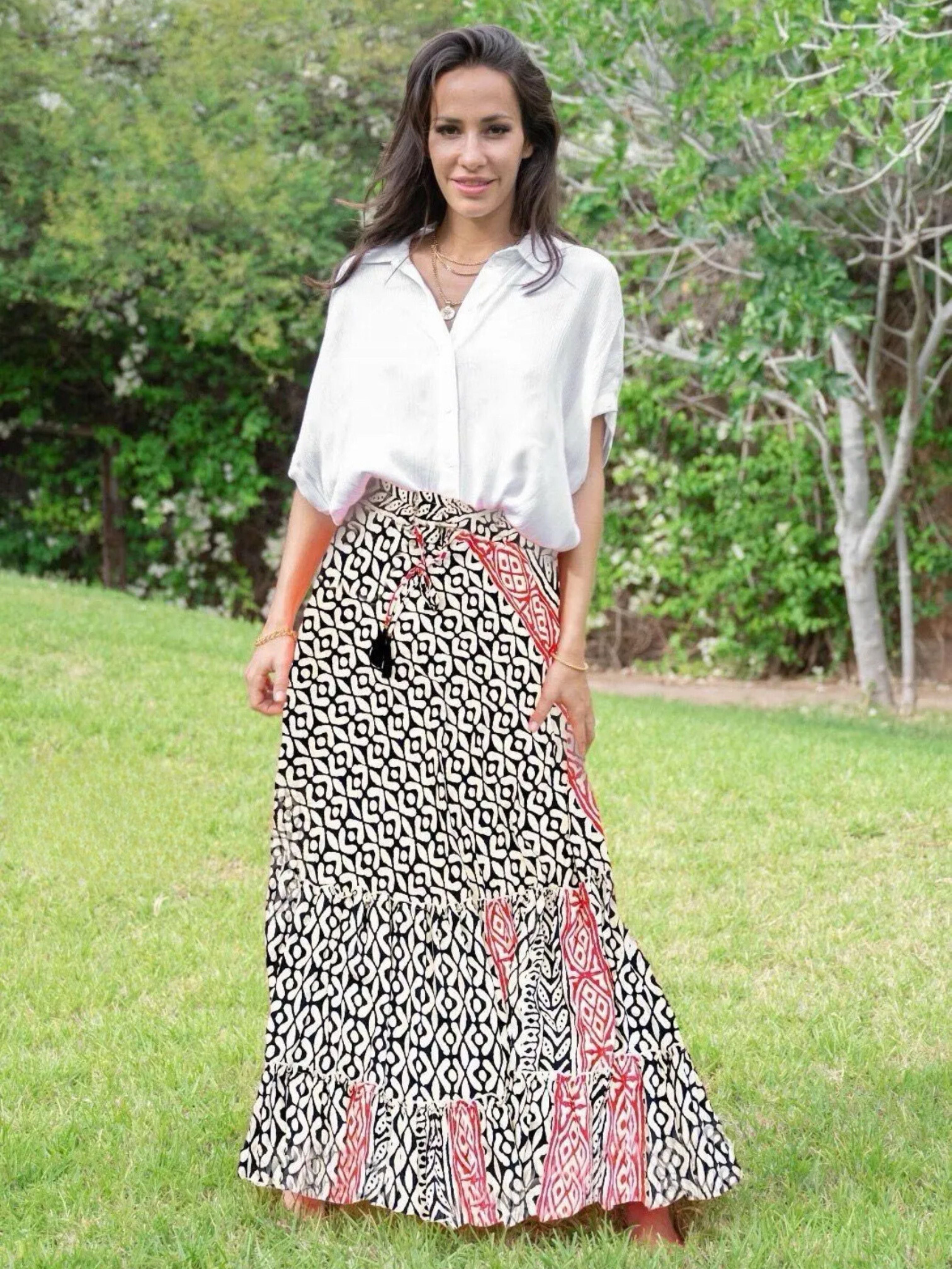 Silk Touch Black and White Print Tiered Maxi Skirt